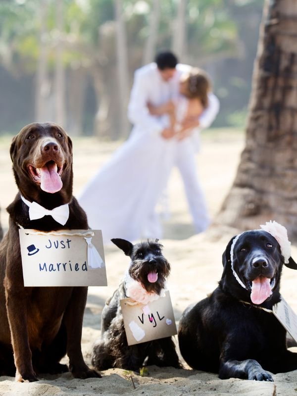 Three dogs holding just married signs at Christchurch wedding with professional wedding day dog care service