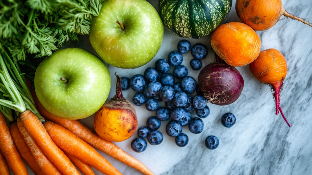 Image of carrots, blueberries, pumpkin and beetroot